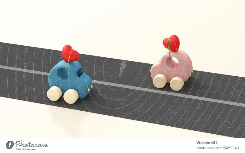 Two wooden toy cars with hearts on roof, 3d rendering honeymoon Balance Equilibrium balanced Passion passionate female Love loving in love on the move