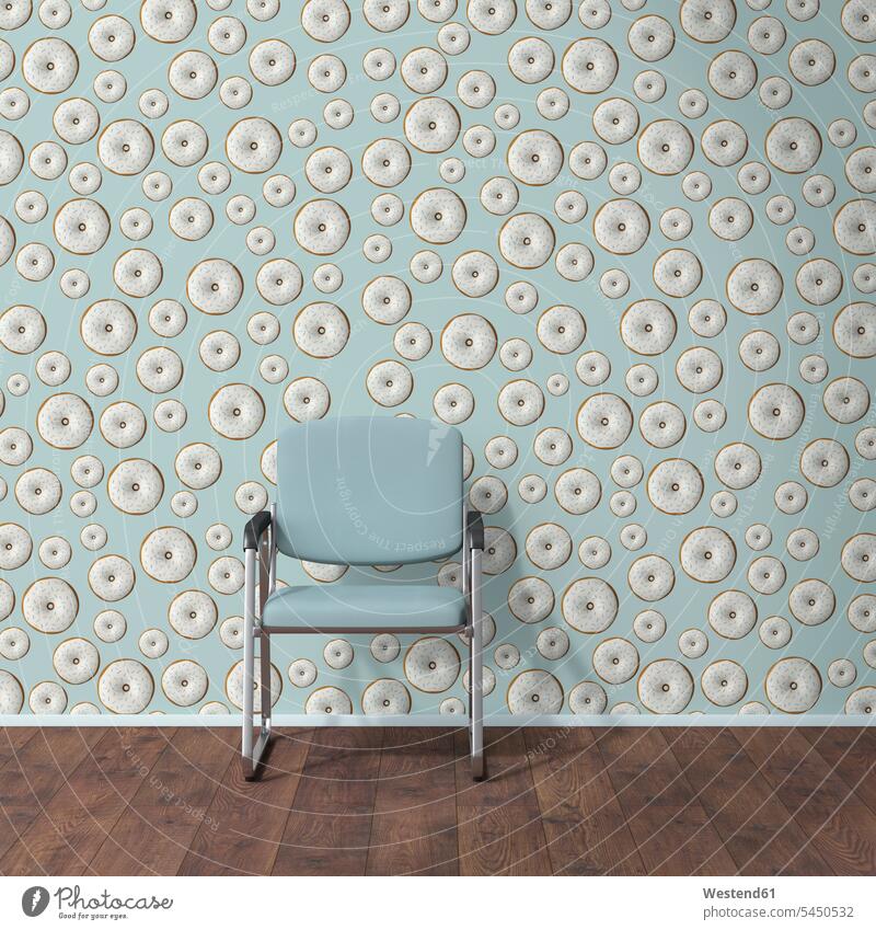 Wallpaper with doughnut pattern, single chair and wooden floor, 3D Rendering baseboard toeboard skirt baseboard skirting board unconventional Offbeat structure