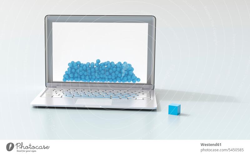 Laptop, blue balls and a cube, 3D Rendering light blue alone solitary solo Rejection Refusal repulse difference different Contrast contrasting opposites