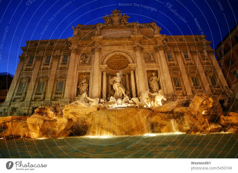 Italy, Rome, lighted Trevi Fountain at night illuminated lit Illuminating tourist attraction tourist attractions capital Capital Cities Capital City horse