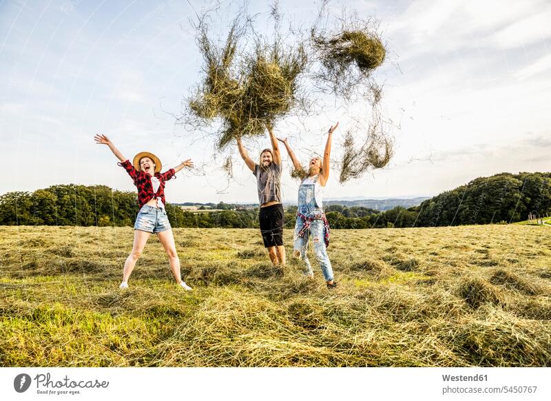 Carefree friends throwing hay in a field relaxed relaxation mate Field Fields farmland rural country countryside Hay laughing Laughter relaxing friendship Grass