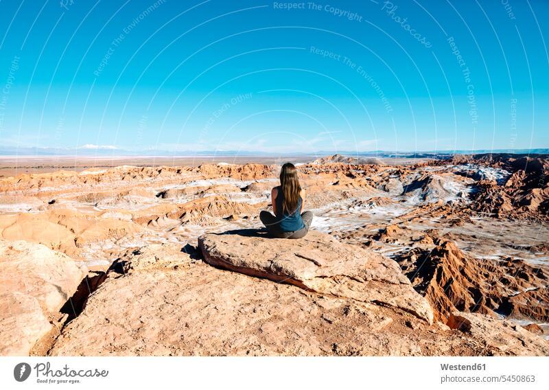 Chile, Atacama Desert, back view of woman sitting on a rock looking at view females women Adults grown-ups grownups adult people persons human being humans