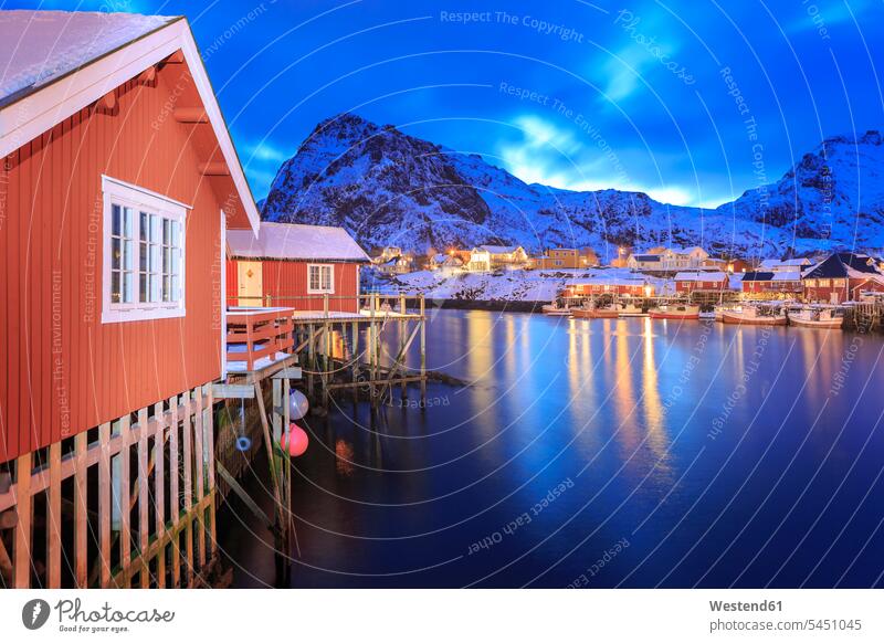 Norway, Lofoten Islands, Fishing village Sorvagen at night mountain mountains nature natural world residential house Residential Buildings residential home
