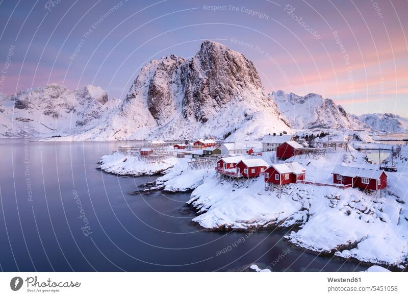 Norway, Lofoten, Hamnoy winter hibernal afterglow Afterglow Vista Solitude seclusion Solitariness solitary remote secluded copy space fishing village