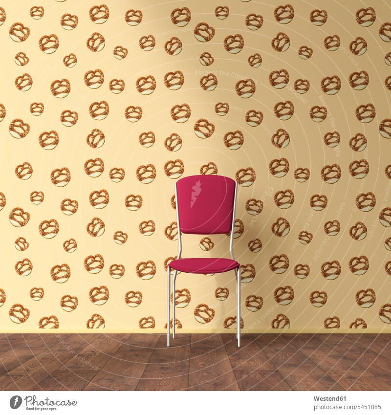 Wallpaper with pretzel pattern, single chair and wooden floor, 3D Rendering patterned unconventional Offbeat Humour Humorous kitchen 3D-Rendering wallpaper
