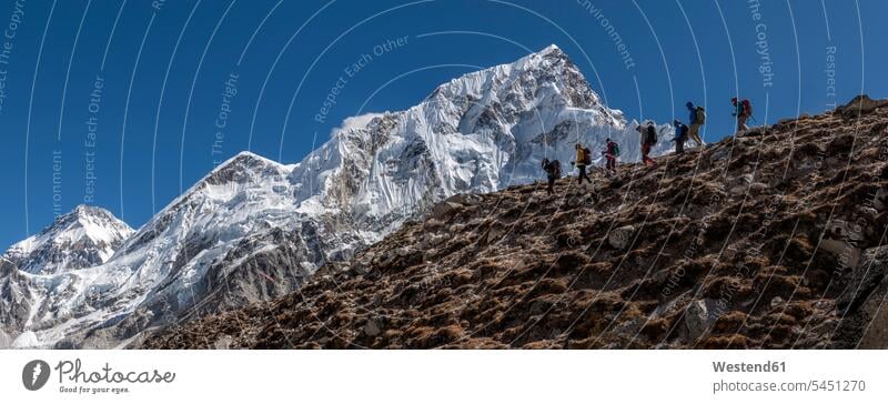 Nepal, Himalaya, Khumbu, Everest region, Trekkers and Nuptse View Vista Look-Out outlook clear sky copy space cloudless Majestic Mount Everest region summit