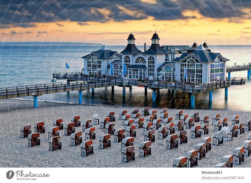 Germany, Mecklenburg-Western Pomerania, Baltic sea seaside resort Sellin, Hooded beach chairs on the beach hooded beach chair roofed wicker beach chair