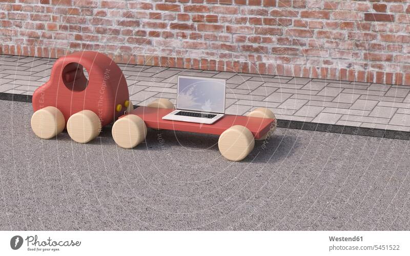 Laptop on trailer of wooden toy car, 3D Rendering concept concepts conceptual Office Offices wooden toys Innovation freelancer freelancing nomad nomads Change