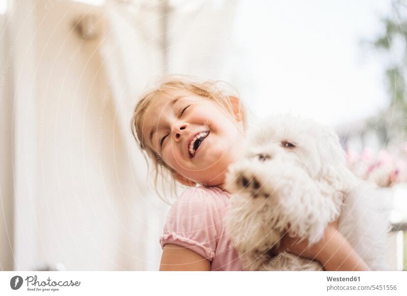 Happy girl playing with dog laughing Laughter dogs Canine happiness happy females girls positive Emotion Feeling Feelings Sentiments Emotions emotional pets