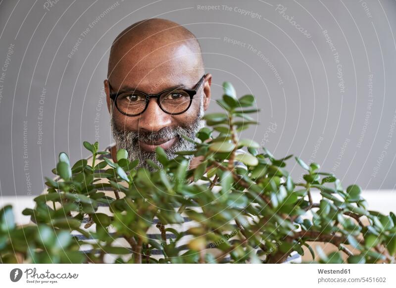 Mature man looking over plant home at home men males relaxed relaxation Adults grown-ups grownups adult people persons human being humans human beings relaxing