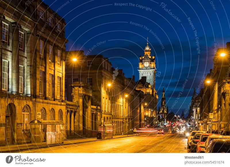 Great Britain, Scotland, Edinburgh, Waterloo PIace Street and The Balmoral Hotel at blue hour illuminated lit lighted Illuminating Blue Hour Travel Street Light