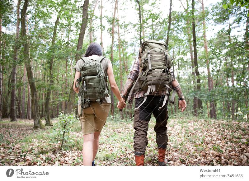 Couple with backpacks on a hiking trip in forest couple twosomes partnership couples woods forests hike people persons human being humans human beings