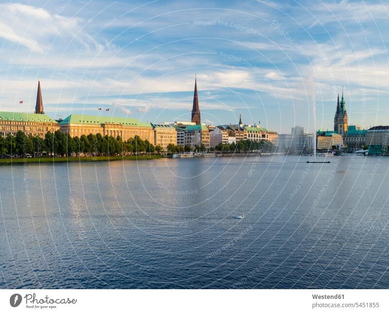 Germany, Hamburg, view to Inner Alster and Alster fountain copy space urban scene city city center downtown city centre Midtown Architecture