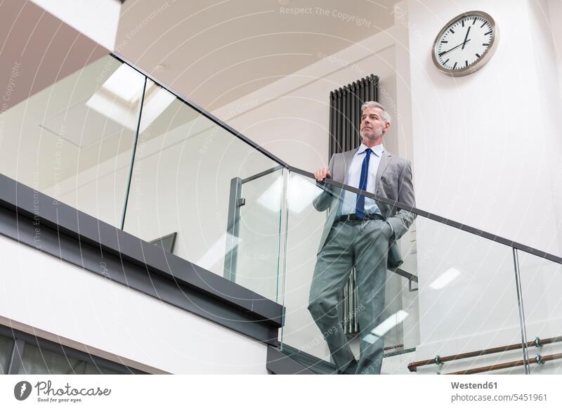 Mature businessman standing at railing in his office offices office room office rooms Businessman Business man Businessmen Business men Success successful