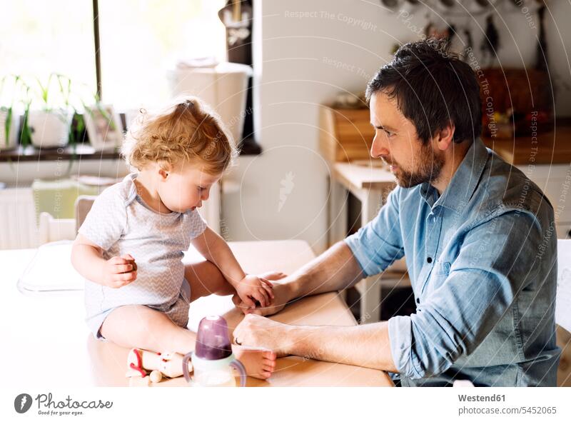 Father playing with little boy sitting on kitchen table baby infants nurselings babies father pa fathers daddy dads papa Walnut Walnuts juglans regia home