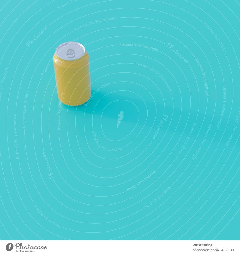 Yellow beverage can on turquoise ground, 3D Rendering Turquoise Color Mobility mobile on the move on the way on the go on the road Packaging package wrapping
