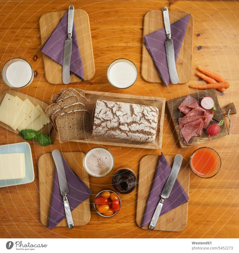 Laid table for supper food and drink Nutrition Alimentation Food and Drinks Choice choose choosing choices flat lay rye bread Carrot Carrots Cherry Tomato