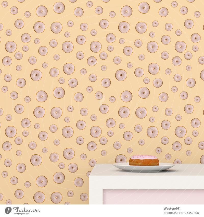Plate with doughnut on cup board in front of wallpaper with doughnut pattern, 3D Rendering decorative decoratively full frame wall paper wallpapers wall papers