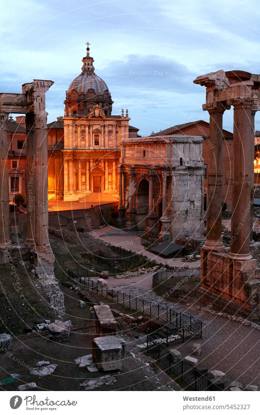 Italy, Rome, Temple of Vespasian and Titus and Church of Santi Luca e Martina at Forum Romanum illuminated lit lighted Illuminating capital Capital Cities