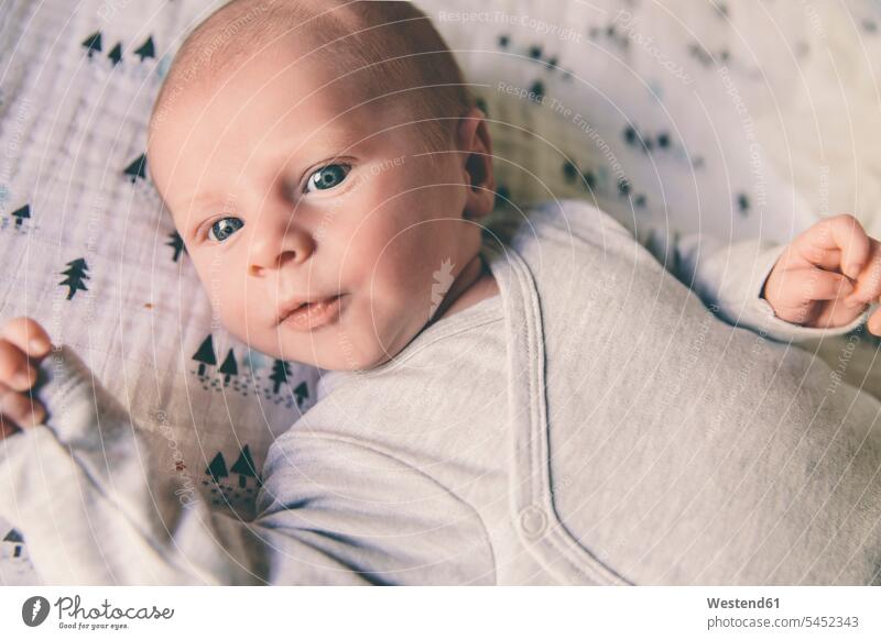 Close-up of newborn baby wearing romper babies infants portrait portraits lying laying down lie lying down people persons human being humans human beings