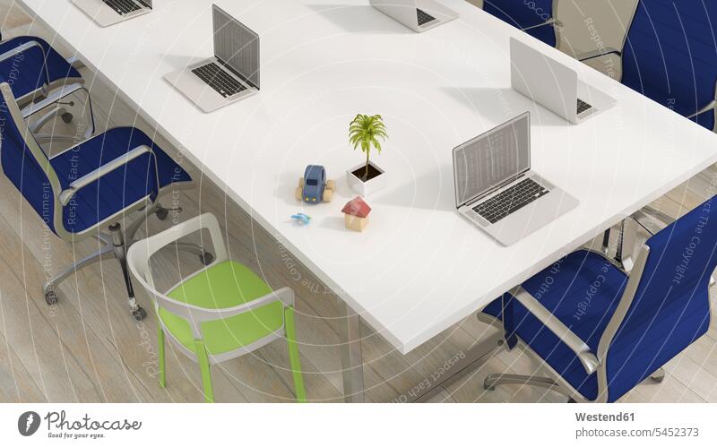 Conference table with laptops and family and vacation items, 3d rendering different Individuality Laptop Computers notebook Connection connected Connections