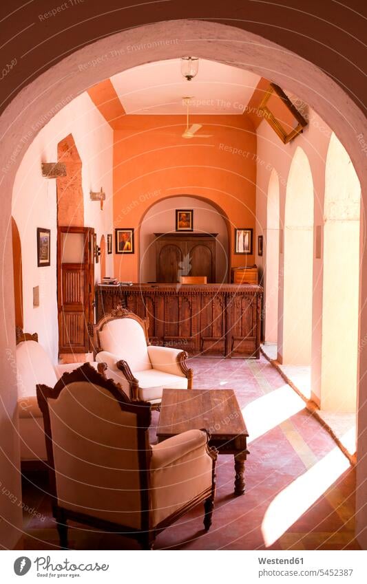 India, Rajasthan, Alwar, Heritage Hotel Ram Bihari Palace, lobby design Designs furnishing Furnishings Table Tables nobody archway Travel mughal architecture