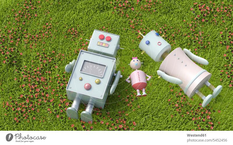 Robot family lying in meadow, 3d rendering couple twosomes partnership couples rural scene Non Urban Scene concept concepts conceptual family planning offspring
