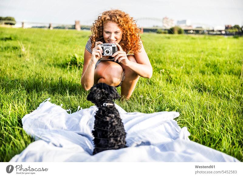 Germany, Cologne, portrait of smiling young woman on meadow taking picture of her dog females women photographing dogs Canine Adults grown-ups grownups adult
