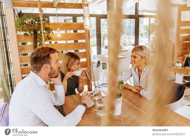 Three friends meeting in a cafe talking speaking smiling smile friendship wooden togetherness confidence confident caucasian caucasian ethnicity