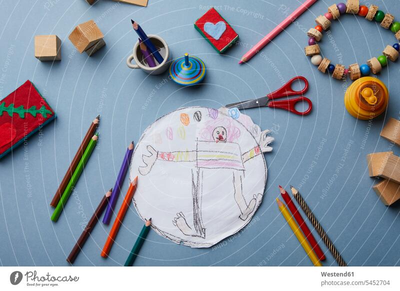 Child's drawing, coloured pencils and accessories inventive Resourceful Inspirational Imaginative inventiveness ingenuity scissors Scissor child likeness