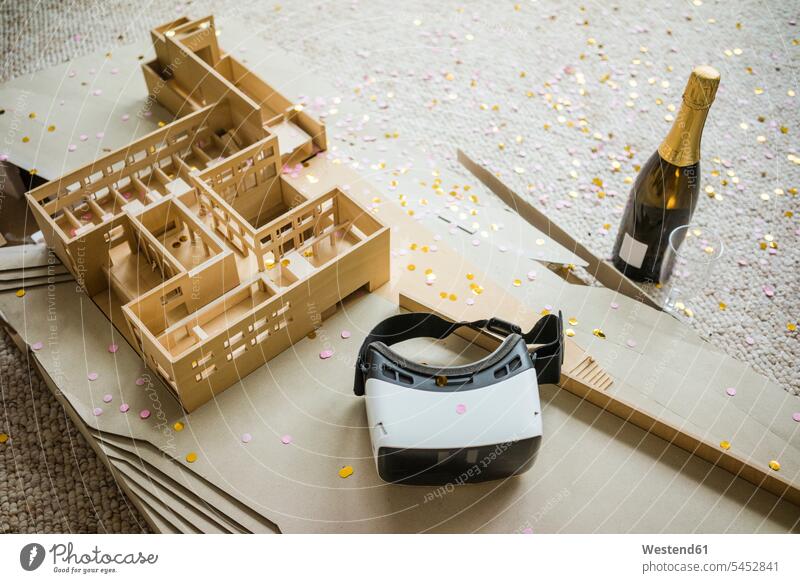Still life with architectural model, confetti, bottle of champagne and VR glasses specs Eye Glasses spectacles Eyeglasses Architecture Champagne models