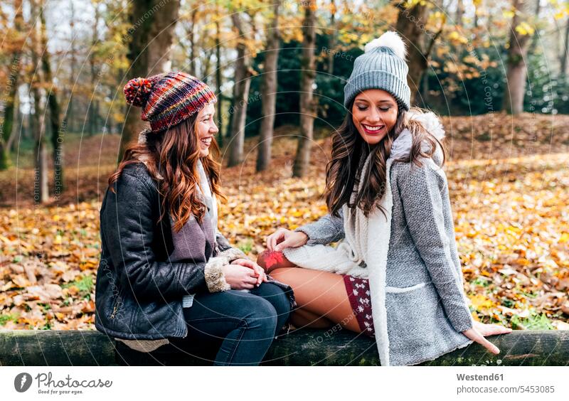 Two pretty women having fun in an autumnal forest woods forests female friends beautiful Fun funny woman females fall mate friendship Adults grown-ups grownups