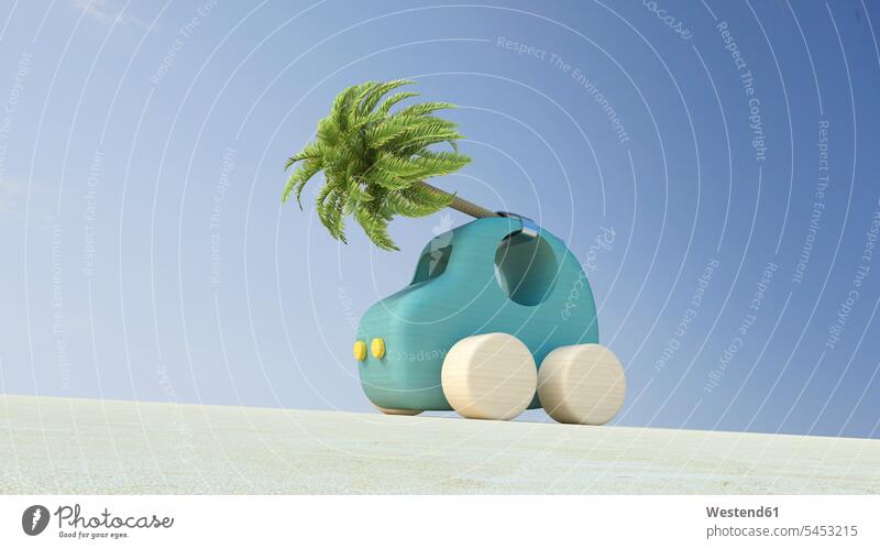 Wooden toy car with palm tree on roof, 3d rendering different Individuality concept concepts conceptual Mobility mobile getting away from it all