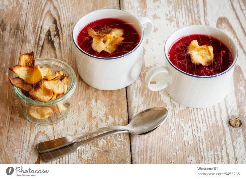 Beetroot apple soup garnished with vegetable chips Shabby chic Soup Soups Potage ready to eat ready-to-eat Spoon Spoons Vegetable Soup Vegetable Soups mashed
