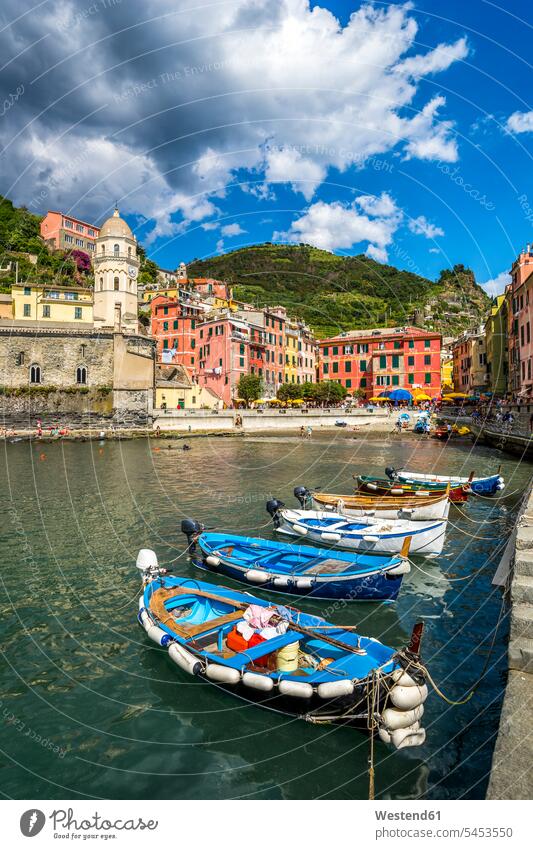 Italy, Liguria, Cinque Terre, Vernazza, harbour with moored motorboats scenic picturesque scenics outdoors outdoor shots location shot location shots