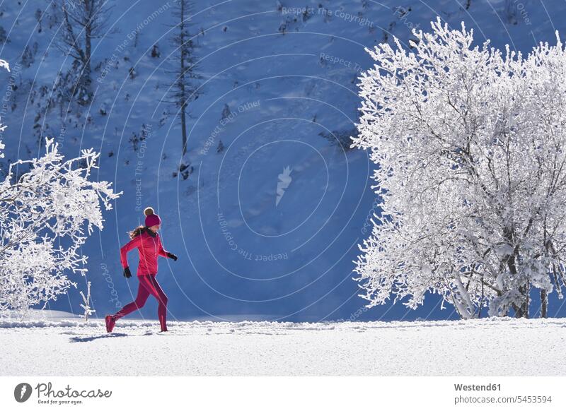 Austria, Tyrol, Riss Valley, woman jogging in winter Jogging exercising exercise training practising running females women fitness sport sports Adults grown-ups
