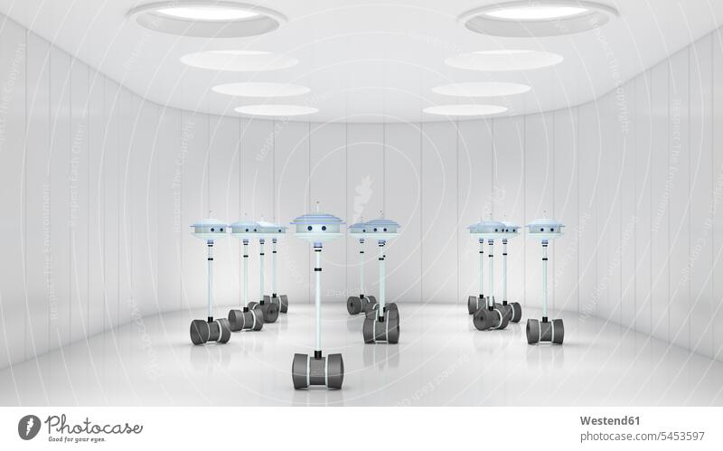 Robots in futuristic room, 3d rendering concept concepts conceptual rooms domestic room domestic rooms front view frontal View From Front Frontal View