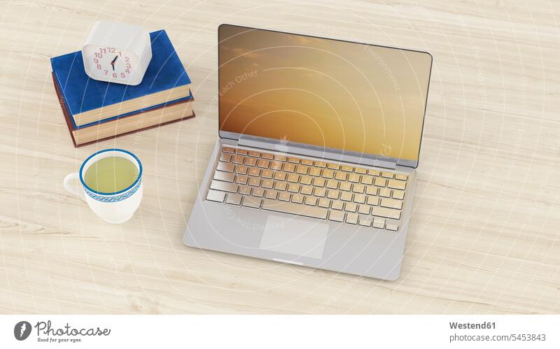 3D Rendering, Laptop on desk with cup of tea and clock on books balance balanced convenience amenities convenient amenity comfort relaxation relaxed relaxing