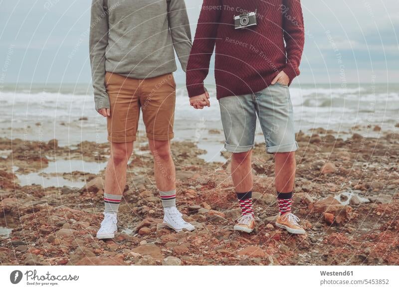Young gay couple standing hand in hand on the beach, partial view twosomes partnership couples beaches people persons human being humans human beings coast