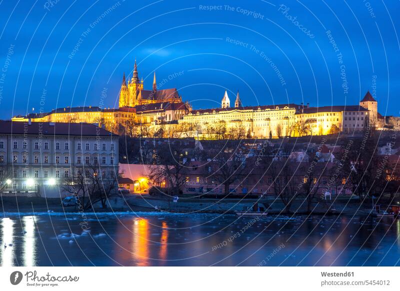 Czechia, Prague, Prague Castle at the blue hour atmosphere atmospheric mood moody Atmospheric Mood Vibe Idyllic Blue Hour castle castles fortress Vltava