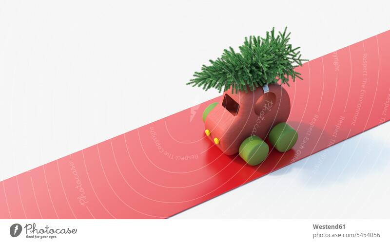 Toy car carrying Christmas tree on the roof toy car cars toy cars copy space Christmas trees nobody Idea Ideas red transporting automobile Auto motorcars