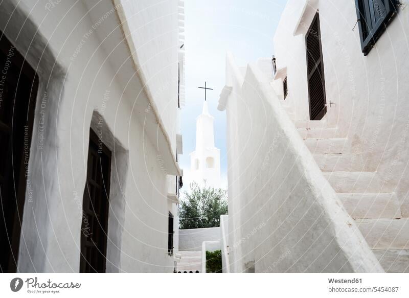 Spain, Menorca, Binibequer Vell, white traditional small village, Church Binibeca Vell stairs stairway Travel destination Destination Travel destinations