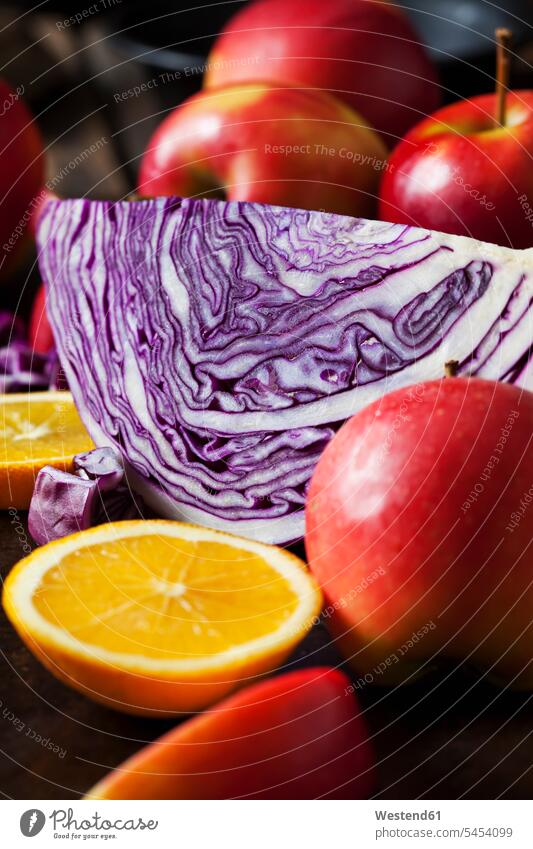 Sliced red cabbage, red apples and sliced orange structure textures structures close-up close up closeups close ups close-ups Fruit Fruits Part Of partial view