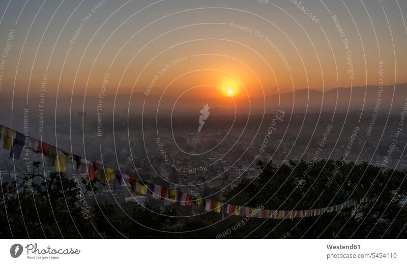 Nepal, Himalaya, Kathmandu, cityscape as seen from Swayambhunath temple religion religious religions faith belief View Vista Look-Out outlook sunset sunsets