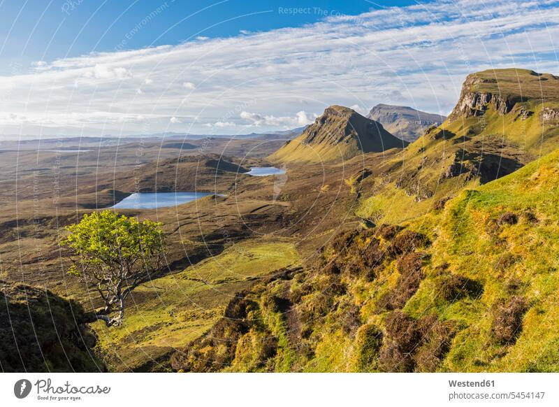UK, Scotland, Inner Hebrides, Isle of Skye, Trotternish, morning mood above Quiraing, view towards Loch Cleat lake lakes Atlantic Coast West Coast outdoors