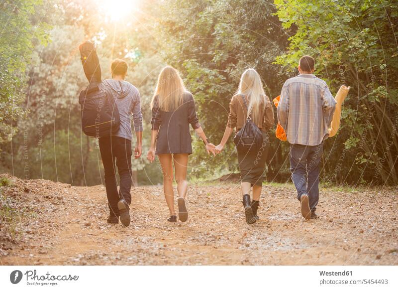 Four friends walking on path in the forest going woods forests friendship community Companionship nature natural world Guitar Case Lens Flare Lens Flares