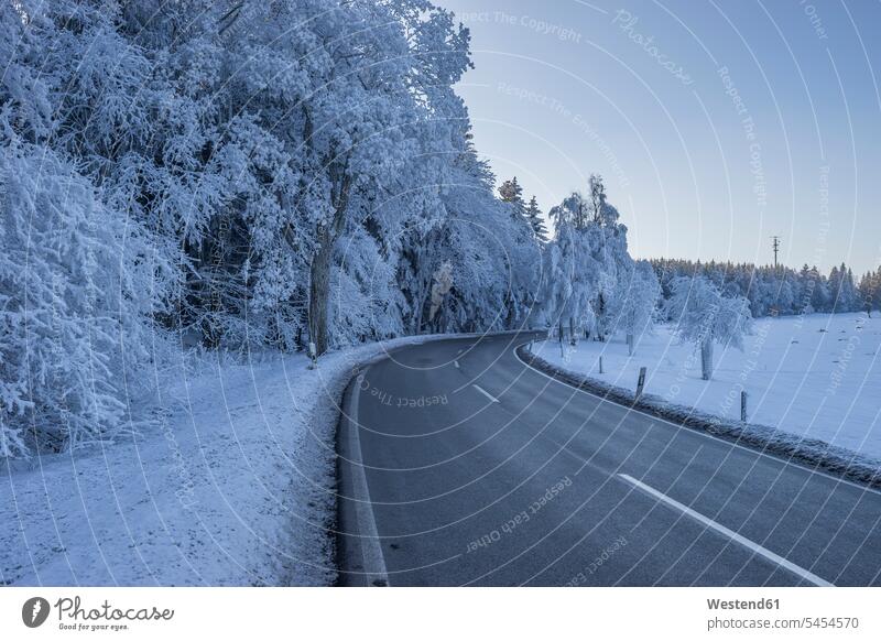 Germany, Saxony-Anhalt, Schierke, Harz National Park, country road in winter bend curving curved bent turn Curves empty emptiness Absence Absent nature