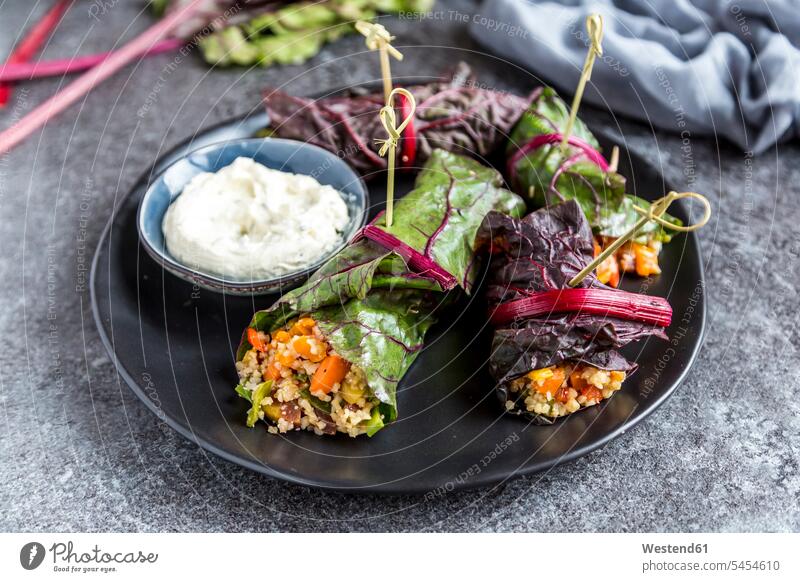 Stuffed mangold leaves and cream cheese dip Bowl Bowls healthy eating nutrition skewer skewers prepared bulgur bulgar wheat dips ready to eat ready-to-eat