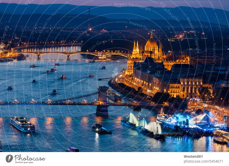 Hungary, Budapest, evening cityscape along Danube River capital Capital Cities Capital City Connection connected Connections connectivity evening light