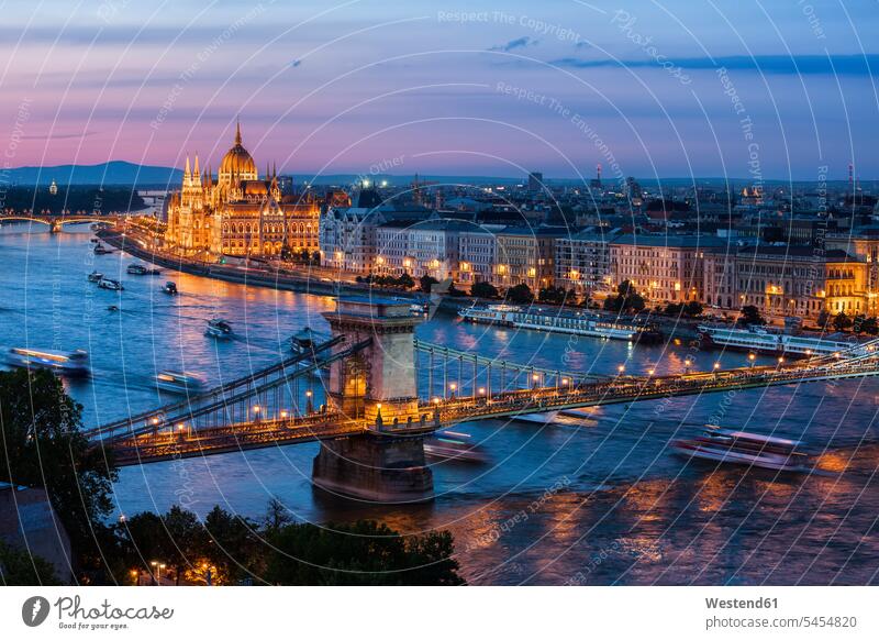 Hungary, Budapest, cityscape at dusk with Chain Bridge on Danube River capital Capital Cities Capital City bridge bridges Connection connected Connections